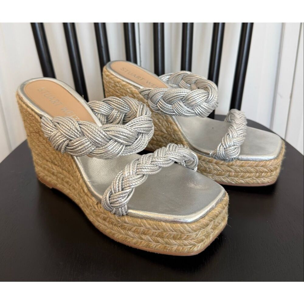 Stuart Weitzman braida espadrille silver wedge sandal size 8.5 - Picture 3 of 13